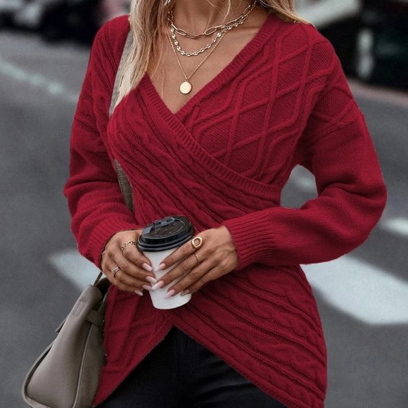 Wrap Cross Drop Shoulder Cable Knit Sweater Red - Picture 4 of 5